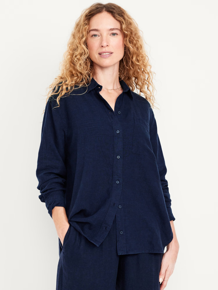 شومیز لینن ساده اورسایز زنانه سرمه‌ای برند الد نیوی Old Navy |‌ بادابینگ استایل