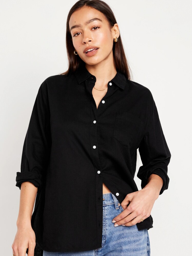 شومیز لینن بوی‌فرند اورسایز زنانه مشکی برند الد نیوی Old Navy | بادابینگ استایل