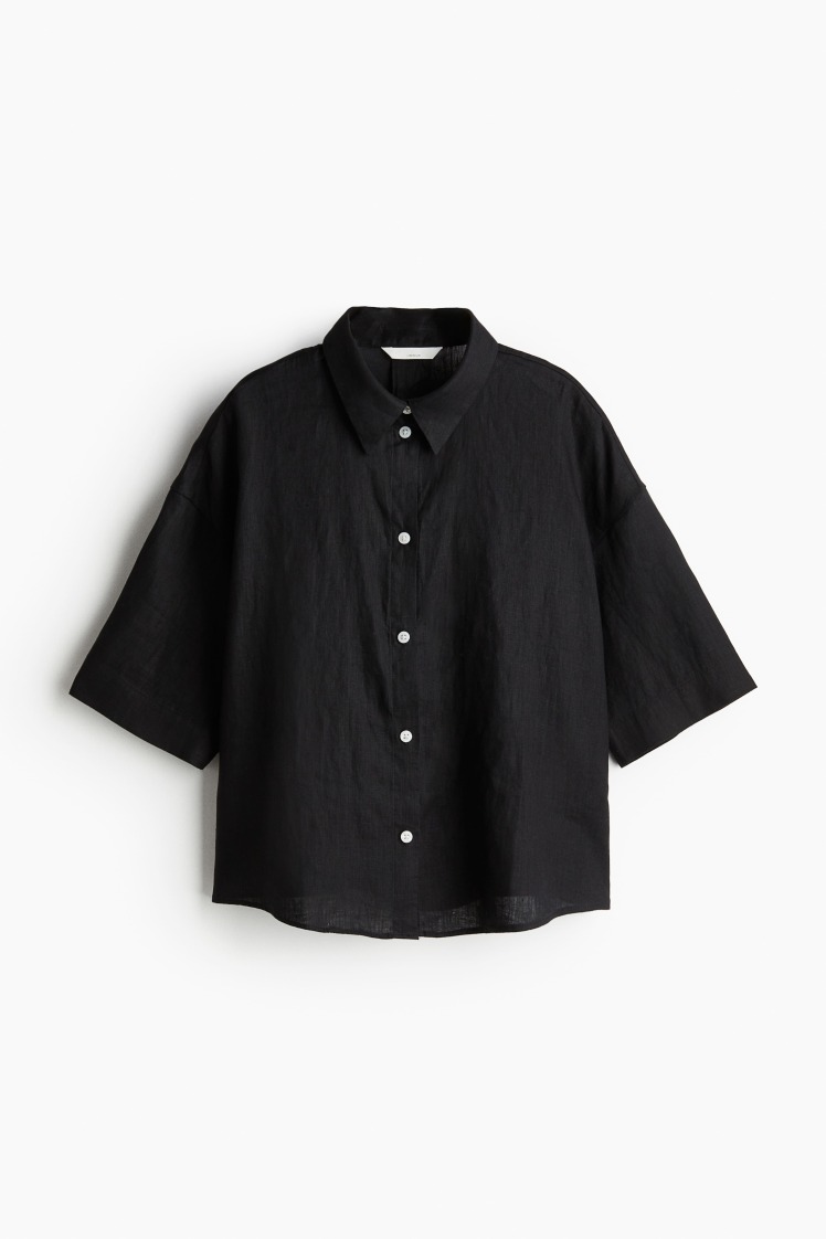 شومیز لینن اورسایز زنانه آستین کوتاه مشکی برند اچ اند ام H&M | بادابینگ استایل