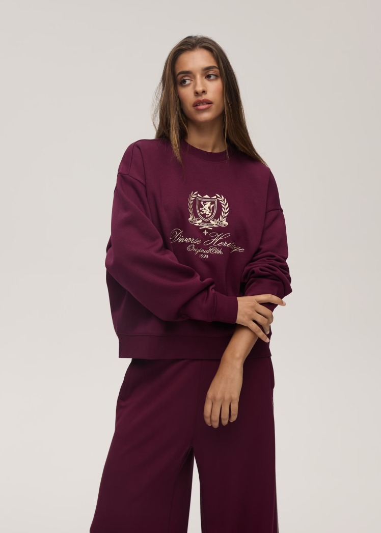 سویشرت دورس طرح دار زنانه باکسی فیت زرشکی برند دایورس diverse | بادابینگ استایل