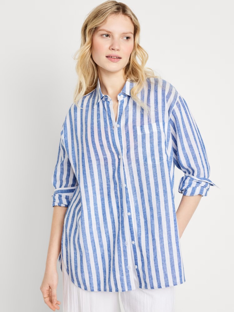 شومیز لینن بوی‌فرند اورسایز زنانه راه راه آبی روشن برند الد نیوی Old Navy | بادابینگ استایل