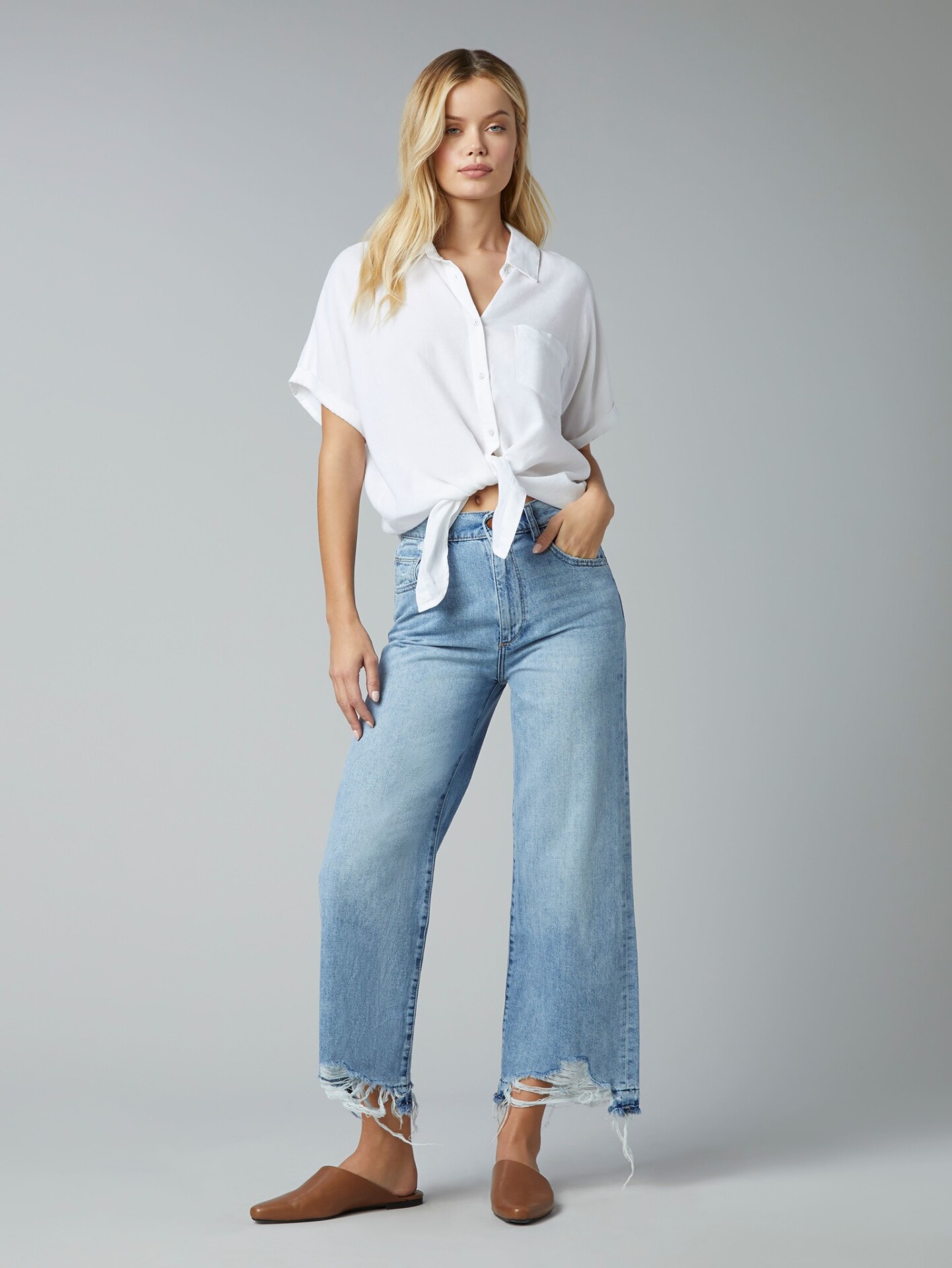  شلوار جین زنانه واید لگ کوتاه وینتج فاق بلند آبی روشن برند DL1961 - مدل Hepburn Wide Leg Slate | بادابینگ استایل 