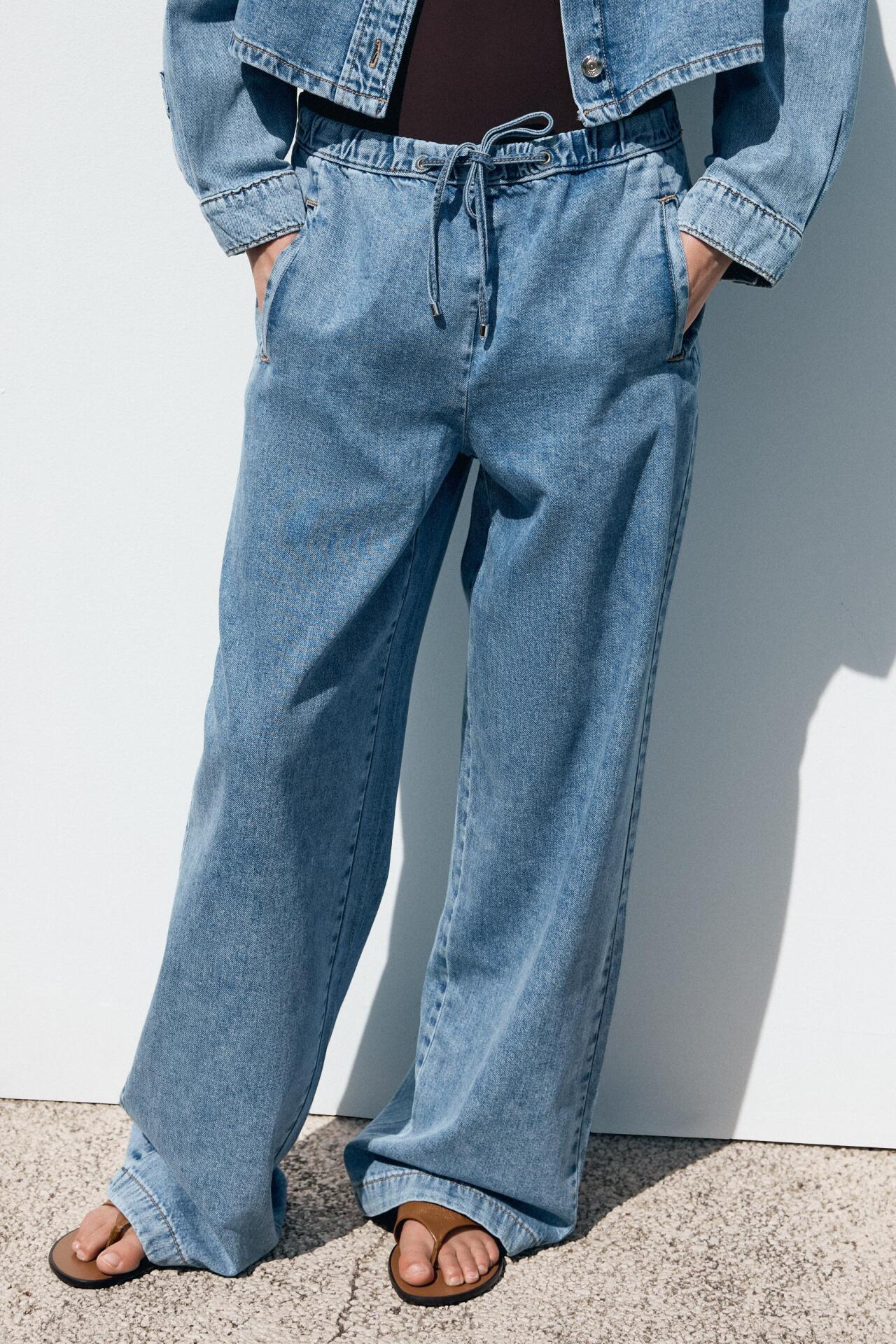  شلوار جین زنانه کمرکش واید لگ فاق متوسط آبی برند زارا ZARA | بادابینگ استایل 