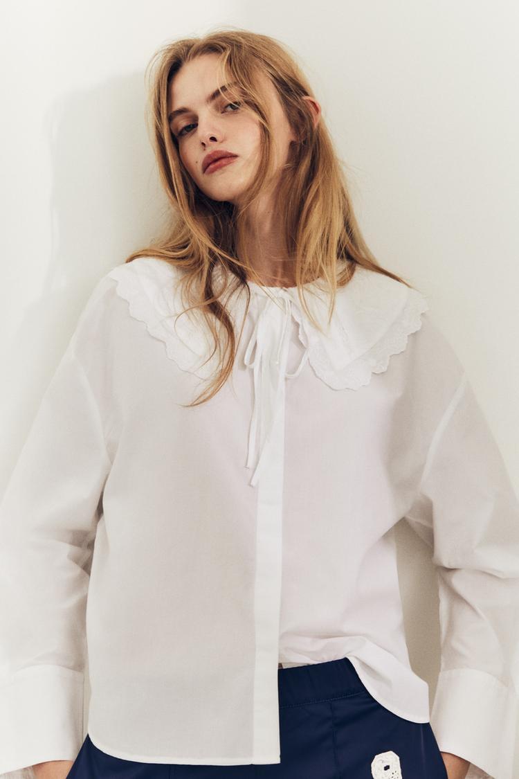 شومیز پوپلین یقه پیتر پن زنانه اورسایز سفید برند زارا ZARA | بادابینگ استایل