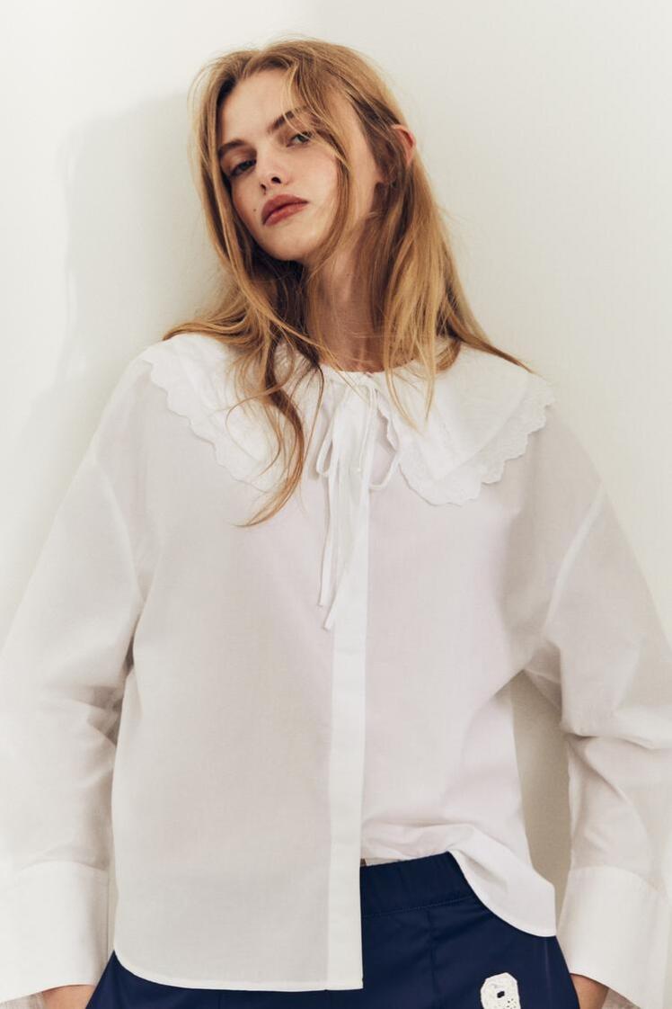 شومیز پوپلین یقه پیتر پن زنانه اورسایز سفید برند زارا ZARA | بادابینگ استایل