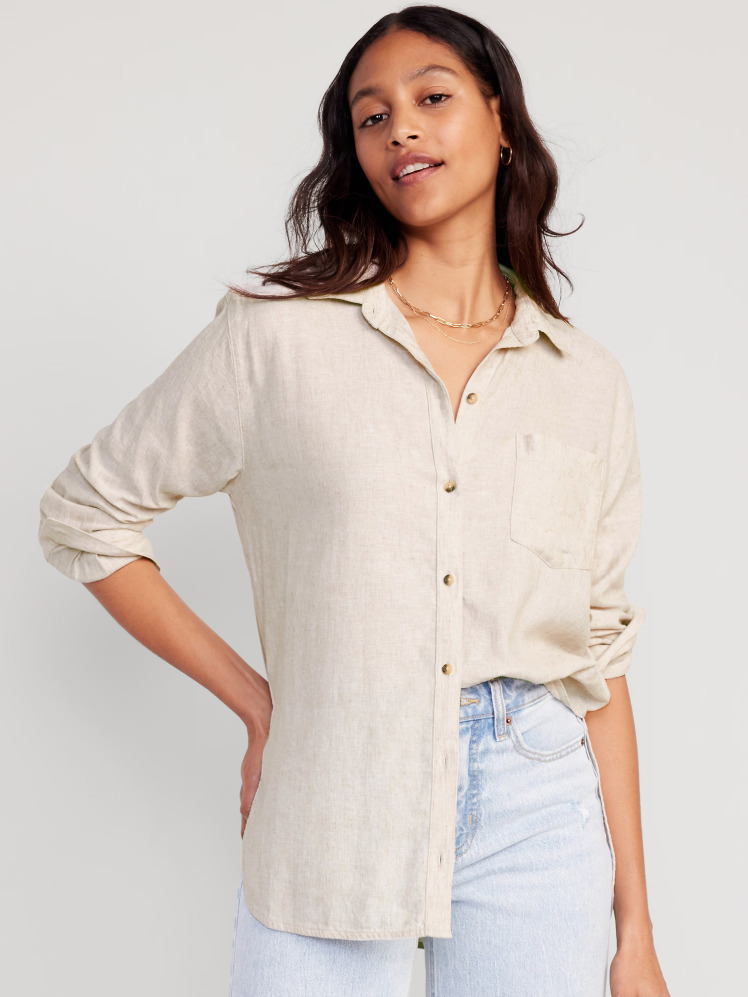 شومیز لینن بوی‌فرند اورسایز زنانه کرمی برند الد نیوی Old Navy | بادابینگ استایل