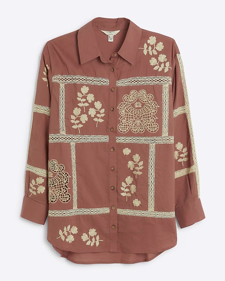 شومیز تکه دوزی با حاشیه خامه دوزی زنانه آجری برند ریورآیلند RiverIsland | بادابینگ استایل