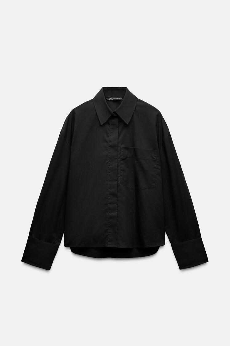 شومیز پوپلین ساده اورسایز زنانه جیب دار مشکی برند زارا ZARA | بادابینگ استایل