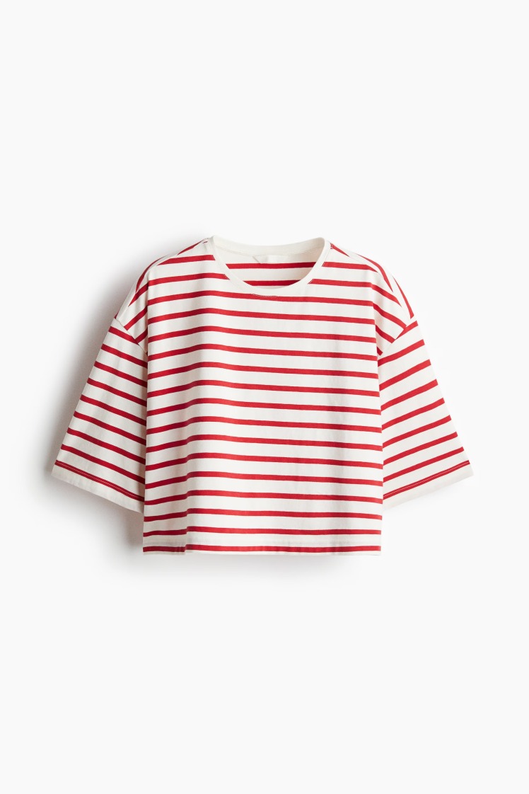 تیشرت باکسی راه راه زنانه قرمز برند اچ اند ام H&M | بادابینگ استایل