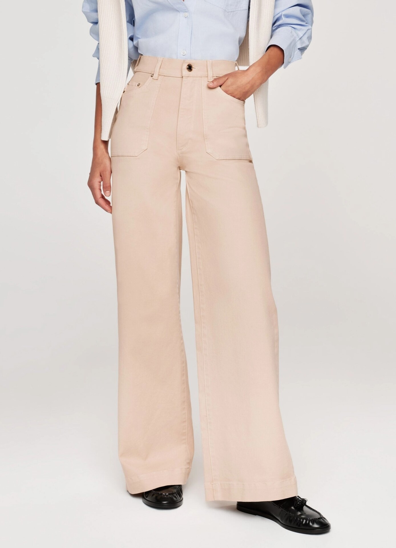  شلوار جین زنانه واید لگ فاق بلند کرمی برند DL1961 - مدل Hepburn Wide Leg Chardonnay | بادابینگ استایل 