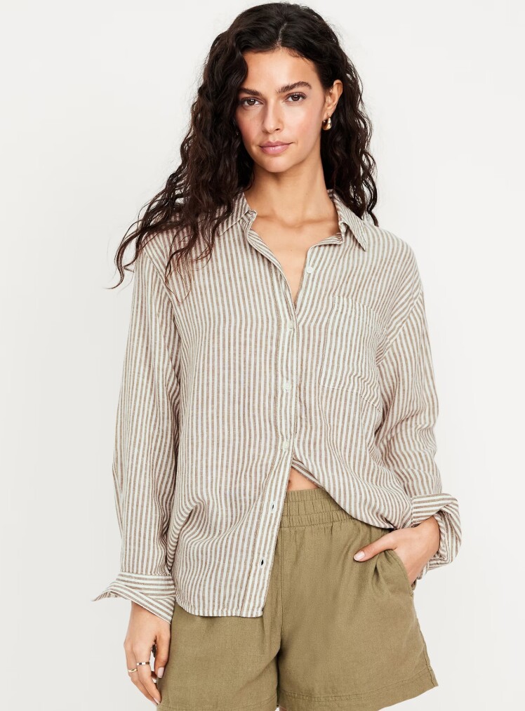 شومیز لینن راه راه اورسایز زنانه زیتونی برند الد نیوی Old Navy | بادابینگ استایل
