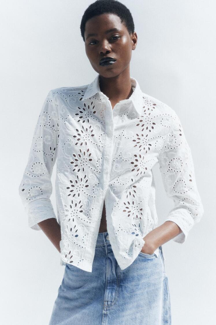 شومیز پوپلین گلدوزی شده زنانه آستین سه ربع سفید برند زارا ZARA | بادابینگ استایل