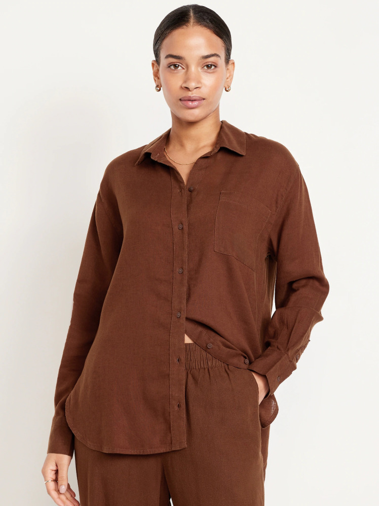 شومیز لینن ساده اورسایز زنانه قهوه‌ای برند الد نیوی Old Navy | بادابینگ استایل