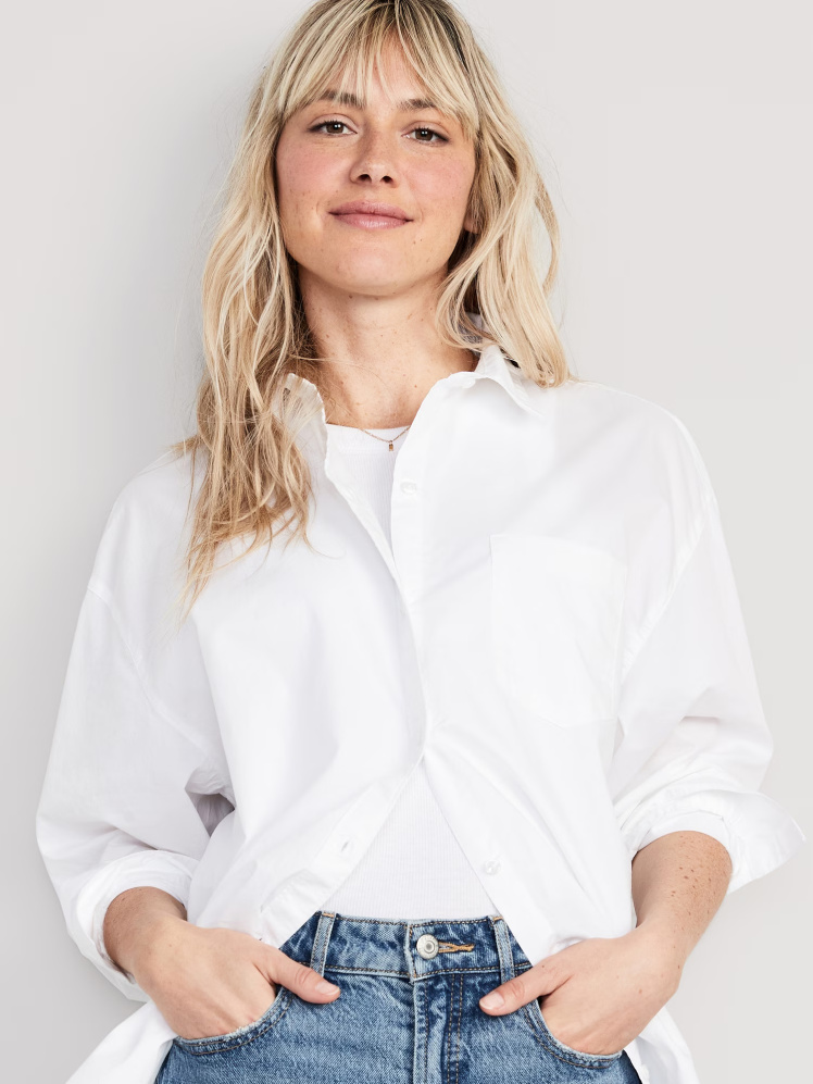 شومیز ساده بوی‌فرند اورسایز زنانه سفید برند الد نیوی Old Navy | بادابینگ استایل