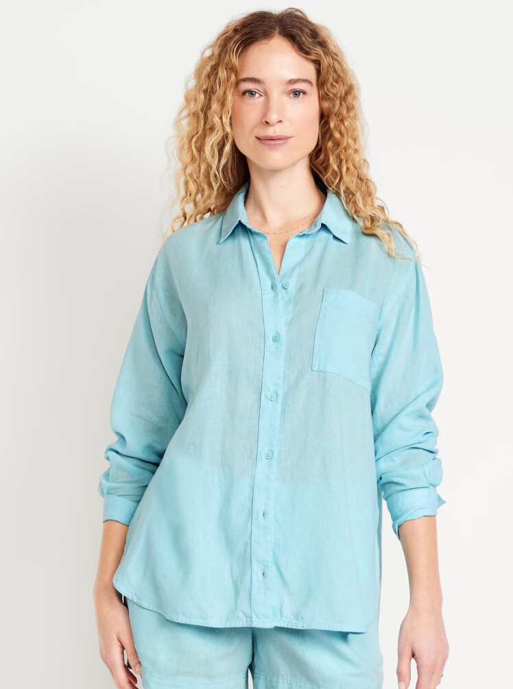 شومیز لینن ساده اورسایز زنانه آبی روشن برند الد نیوی Old Navy |‌ بادابینگ استایل