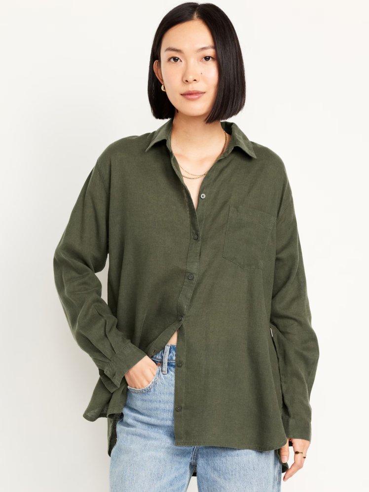 شومیز لینن بوی‌فرند اورسایز زنانه سبز یشمی برند الد نیوی Old Navy | بادابینگ استایل