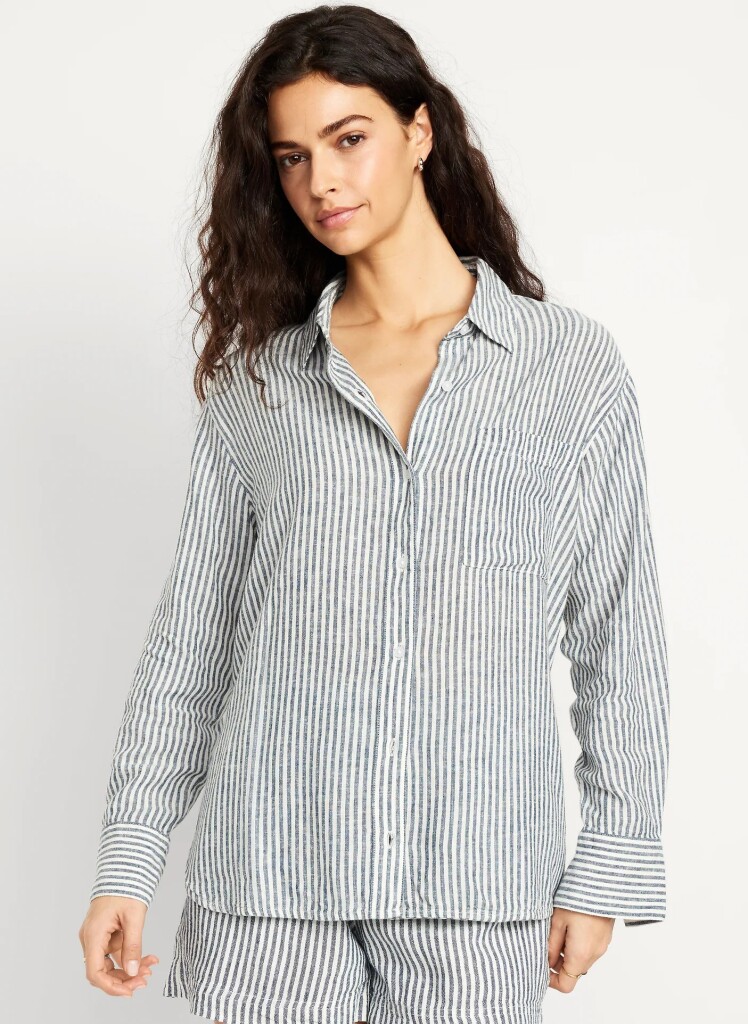 شومیز لینن راه راه اورسایز زنانه آبی تیره برند الد نیوی Old Navy | بادابینگ استایل