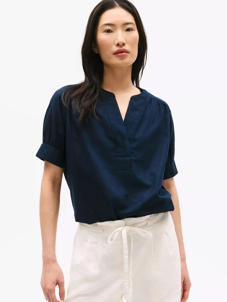 بلوز لینن ساده زنانه یقه هفت سرمه‌ای برند Tommy Hilfiger | بادابینگ استایل