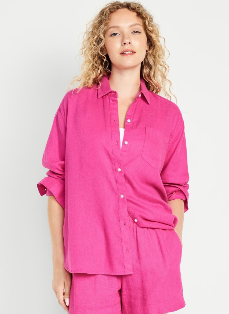 شومیز لینن بوی‌فرند اورسایز زنانه صورتی برند الد نیوی Old Navy | بادابینگ استایل